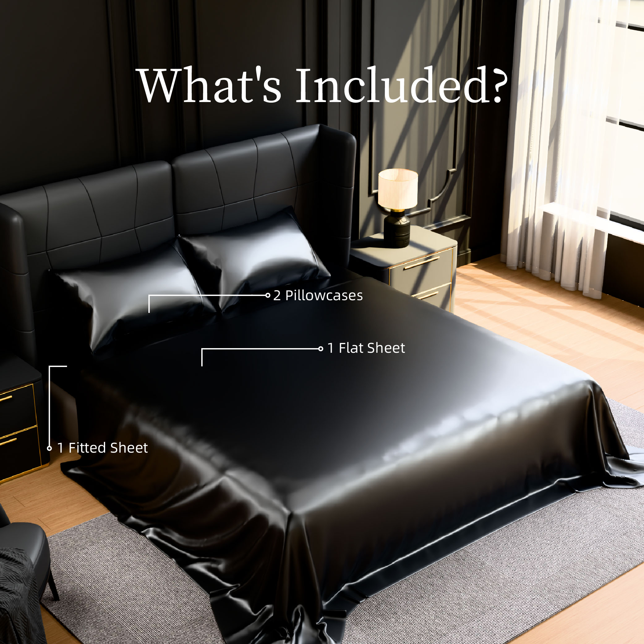 Satin Bed Sheets, Queen Size Sheets Set, 4 Pcs Silky Bedding Set With 15 Inches Deep Pocket For Mattress (Queen, Black)_voghion.com